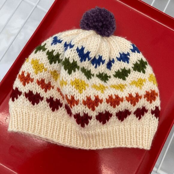 Rainbow Hearts Hand Knit Pom Pom Beanie, Winter Hat with Heart Design in Rainbow - Picture 8 of 8